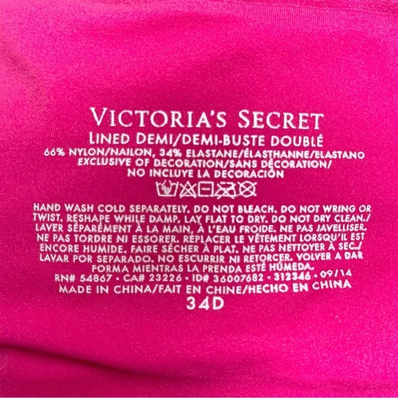 Victorias Secret Lined Demi Bra 34D Magenta Pink with Red Bow Underwire Padded - Picture 9 of 9